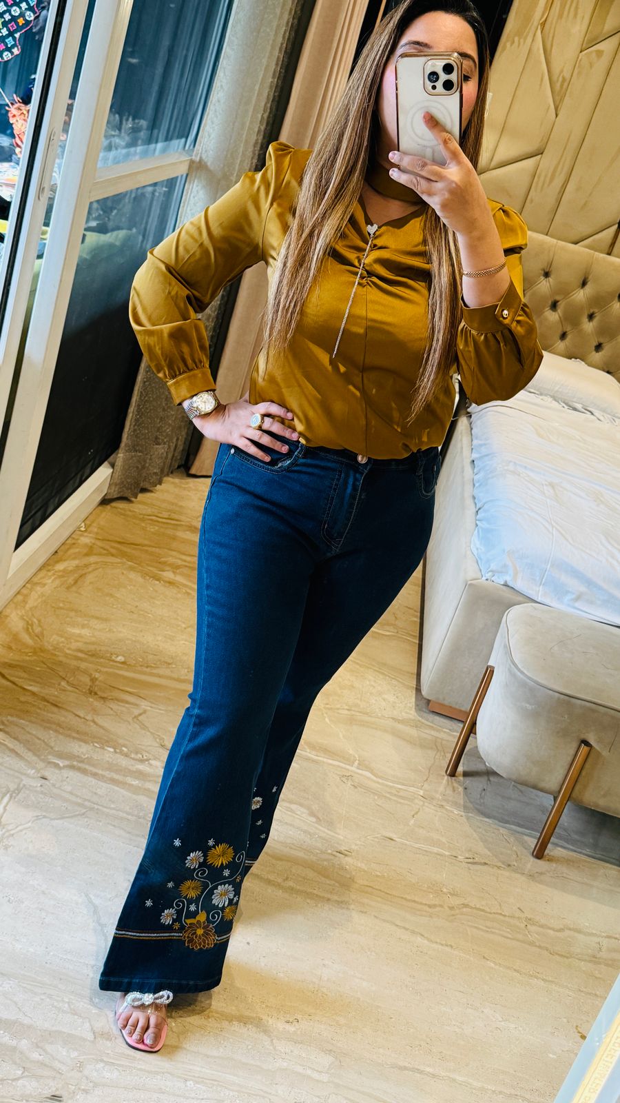 Embroidered Flare Denim Blue, Navy